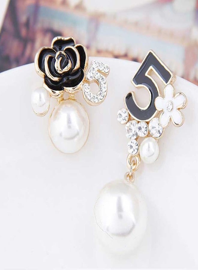 Glamtune Faux Imitation Pearl White Black Floral Dangle Drop Earrings Studs for Women - Image 3